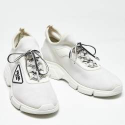 Pre Owned Prada White Knit Fabric Logo Low Top Sneakers Size 37.5