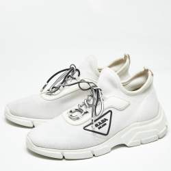 Pre Owned Prada White Knit Fabric Logo Low Top Sneakers Size 37.5