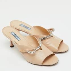 Pre Owned Prada Beige Patent Leather Bow Open Toe Slide Sandals Size 40