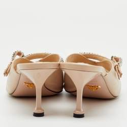 Pre Owned Prada Beige Patent Leather Bow Open Toe Slide Sandals Size 40