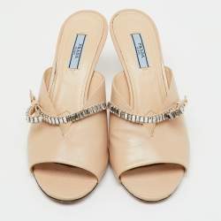 Pre Owned Prada Beige Patent Leather Bow Open Toe Slide Sandals Size 40