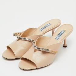 Pre Owned Prada Beige Patent Leather Bow Open Toe Slide Sandals Size 40