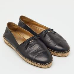 Pre Owned Prada Black Leather Bow Detail Espadrilles Flats Size 38
