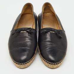 Pre Owned Prada Black Leather Bow Detail Espadrilles Flats Size 38