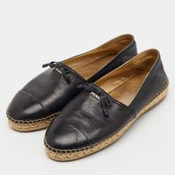Pre Owned Prada Black Leather Bow Detail Espadrilles Flats Size 38