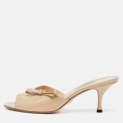 Pre Owned Prada Beige Saffiano Lux Leather Open Toe Bow Slide Sandals Size 40