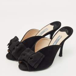 Pre Owned Prada Black Suede Grosgrain Peep Toe Mules  Size 36