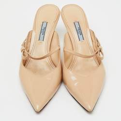 Pre Owned Prada Beige Saffiano Lux Leather Pointed Toe Bow Mules Size 40