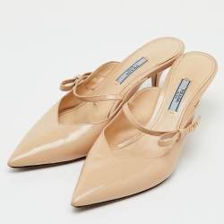 Pre Owned Prada Beige Saffiano Lux Leather Pointed Toe Bow Mules Size 40