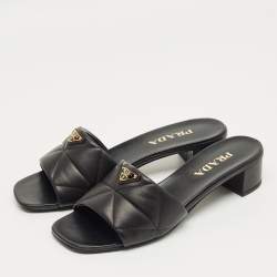 Pre Owned Prada Black Quilted Leather Block Heel Slide Sandals Size 40.5