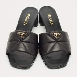 Pre Owned Prada Black Quilted Leather Block Heel Slide Sandals Size 40.5