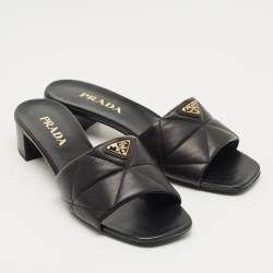 Pre Owned Prada Black Quilted Leather Block Heel Slide Sandals Size 40.5