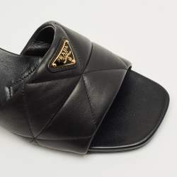 Pre Owned Prada Black Quilted Leather Block Heel Slide Sandals Size 40.5