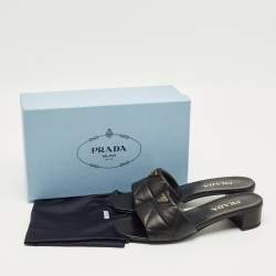 Pre Owned Prada Black Quilted Leather Block Heel Slide Sandals Size 40.5