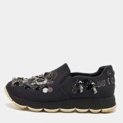 Pre Owned Prada Navy Blue Neoprene Crystal Embellish Slip On Sneakers Size 37