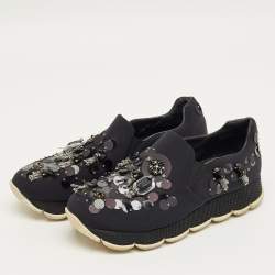 Pre Owned Prada Navy Blue Neoprene Crystal Embellish Slip On Sneakers Size 37