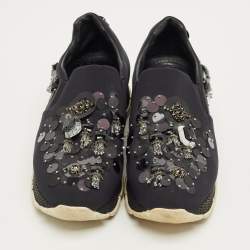 Pre Owned Prada Navy Blue Neoprene Crystal Embellish Slip On Sneakers Size 37