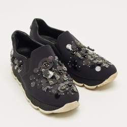 Pre Owned Prada Navy Blue Neoprene Crystal Embellish Slip On Sneakers Size 37