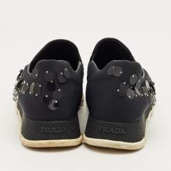 Pre Owned Prada Navy Blue Neoprene Crystal Embellish Slip On Sneakers Size 37