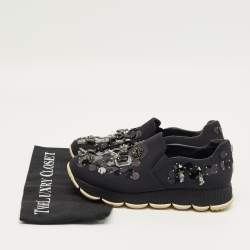 Pre Owned Prada Navy Blue Neoprene Crystal Embellish Slip On Sneakers Size 37
