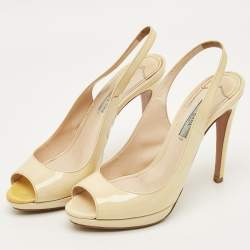 Pre Owned Prada Cream Patent Leather Peep Toe Slingback Pumps Size 38.5