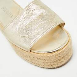Pre Owned Prada Gold Leather Espadrille Platform Sandals Size 36