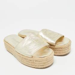 Pre Owned Prada Gold Leather Espadrille Platform Sandals Size 36