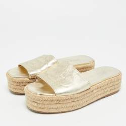 Pre Owned Prada Gold Leather Espadrille Platform Sandals Size 36