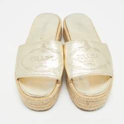 Pre Owned Prada Gold Leather Espadrille Platform Sandals Size 36