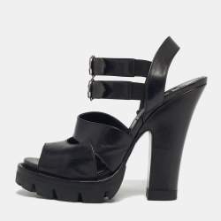 Pre Owned Prada Black Leather Ankle Strap Block Heel Sandals Size 38.5