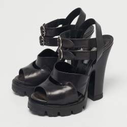 Pre Owned Prada Black Leather Ankle Strap Block Heel Sandals Size 38.5