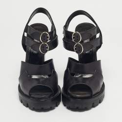 Pre Owned Prada Black Leather Ankle Strap Block Heel Sandals Size 38.5