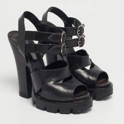 Pre Owned Prada Black Leather Ankle Strap Block Heel Sandals Size 38.5