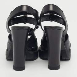 Pre Owned Prada Black Leather Ankle Strap Block Heel Sandals Size 38.5