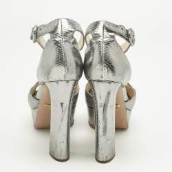Pre Owned Prada Metallic Silver Python Embossed Leather Ankle Strap Platform Sandals Size 38.5