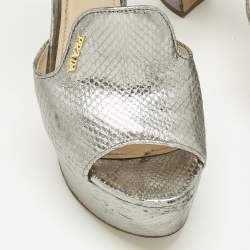 Pre Owned Prada Metallic Silver Python Embossed Leather Ankle Strap Platform Sandals Size 38.5