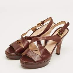 Pre Owned Prada Brown Leather Ankle Strap Sandals Size 36.5