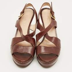 Pre Owned Prada Brown Leather Ankle Strap Sandals Size 36.5