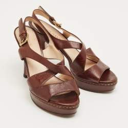 Pre Owned Prada Brown Leather Ankle Strap Sandals Size 36.5