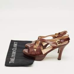 Pre Owned Prada Brown Leather Ankle Strap Sandals Size 36.5