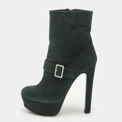 Pre Owned Prada Green Suede Platform Ankle Length Boots Size 37