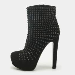 Pre Owned Prada Black Suede Stud Embellish Platform Ankle Length Boots Size 37