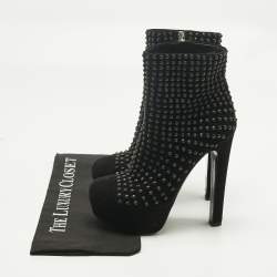 Pre Owned Prada Black Suede Stud Embellish Platform Ankle Length Boots Size 37