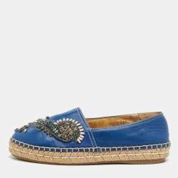 Pre Owned Prada Blue Leather Crystal Embellished Espadrille Flats Size 36.5