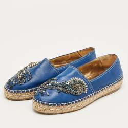 Pre Owned Prada Blue Leather Crystal Embellished Espadrille Flats Size 36.5