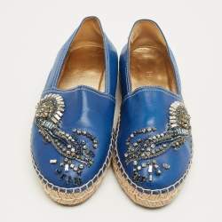 Pre Owned Prada Blue Leather Crystal Embellished Espadrille Flats Size 36.5