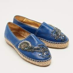 Pre Owned Prada Blue Leather Crystal Embellished Espadrille Flats Size 36.5