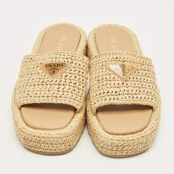 Pre Owned Prada Beige Woven Straw Platform Slide Sandals Size 40
