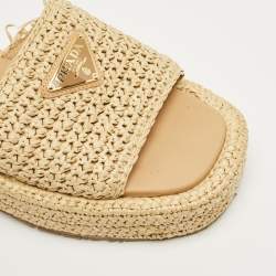Pre Owned Prada Beige Woven Straw Platform Slide Sandals Size 40
