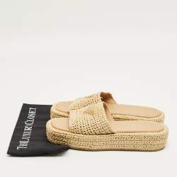 Pre Owned Prada Beige Woven Straw Platform Slide Sandals Size 40